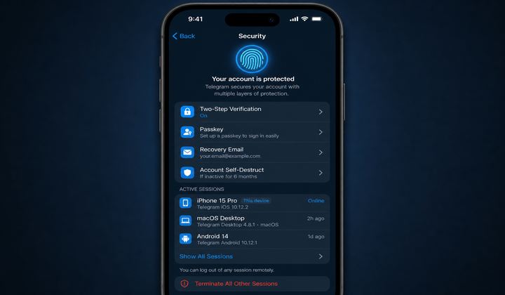 Telegram 两步验证与 Passkey 设置界面
